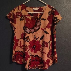 Masai Cotton Stylish Red and Tan Floral Short Sleeve Top